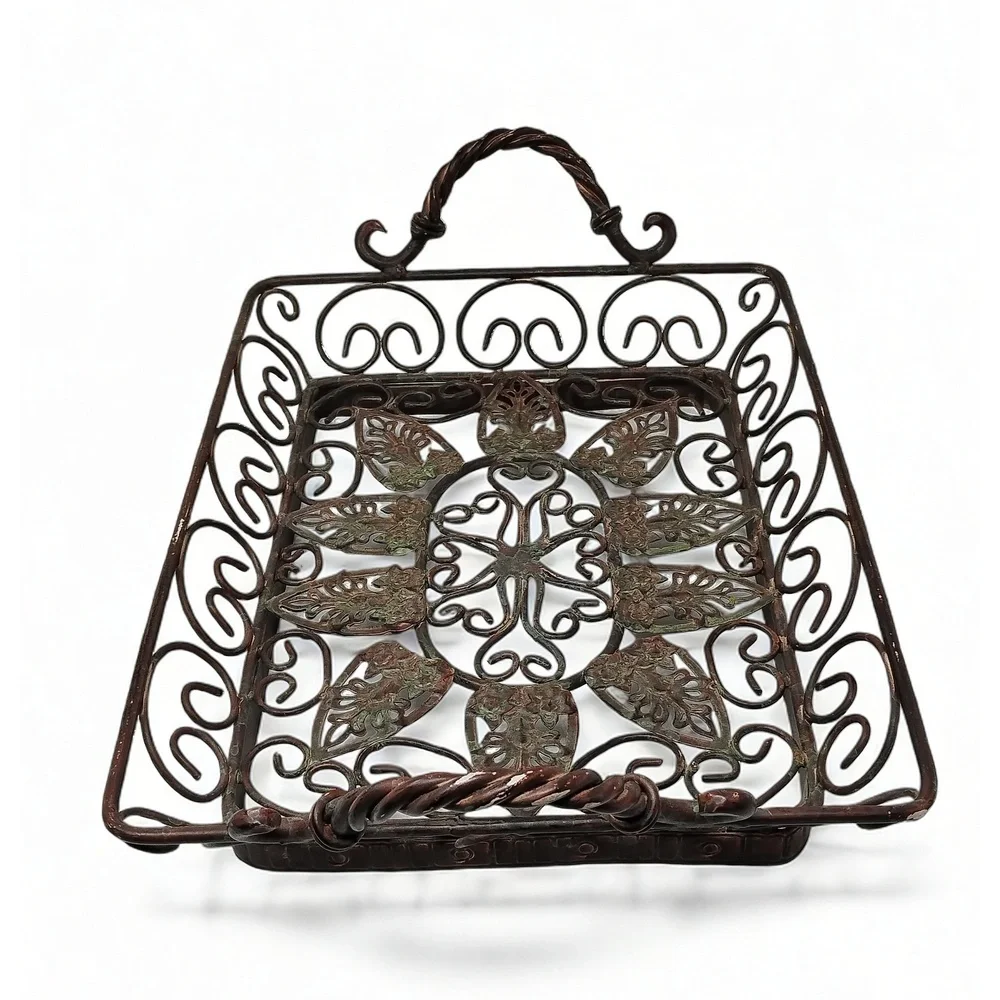 Farmhouse Cottagecore Metal Filigree Serving Tray Rectangular Twisted Handle